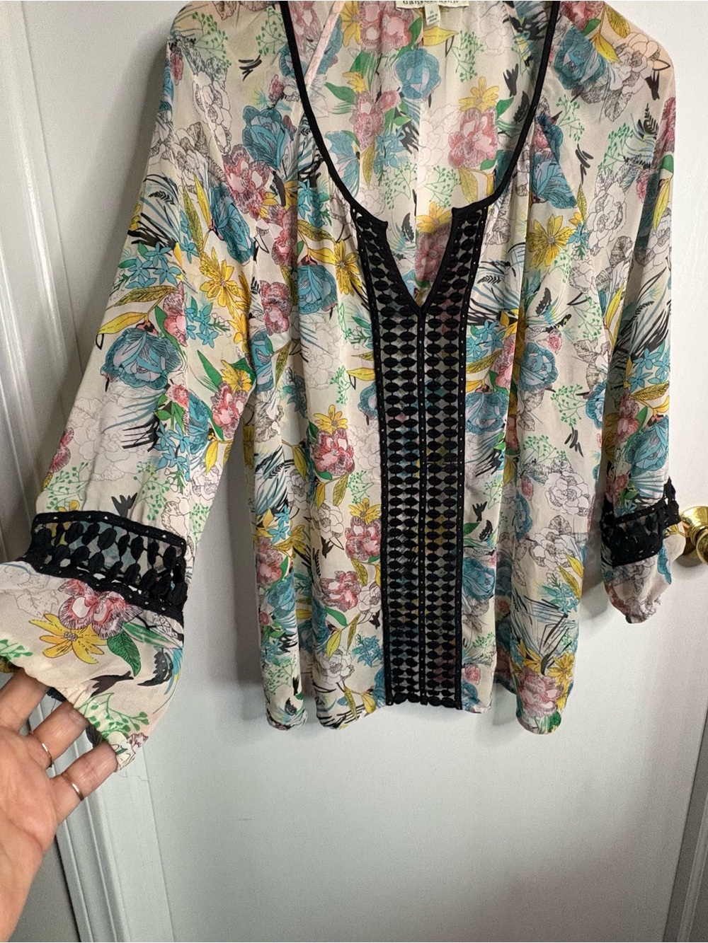 Multicolor Floral V-Neck Crochet Trim Tunic 3/4 Sleeve XL Boho Sheer Festival
